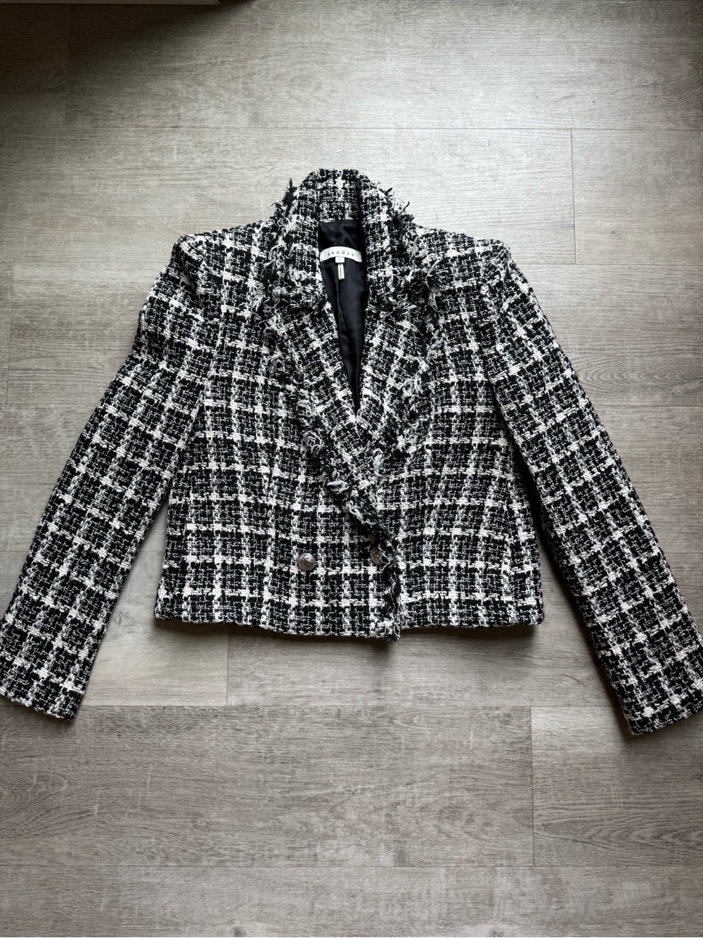 Sandro Tweed Plaid Double Breasted Blazer Frayed Lapel Black And White Sz 1 US4
